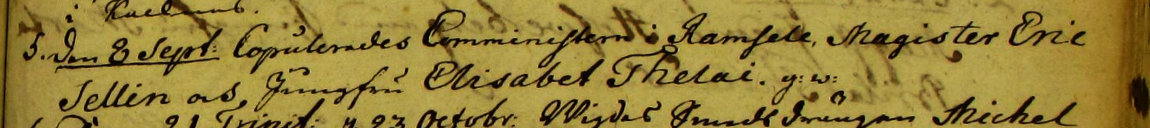 Udsnit af kirkebog, Vielse af Eric Sellin og Elisabeth Thelaus